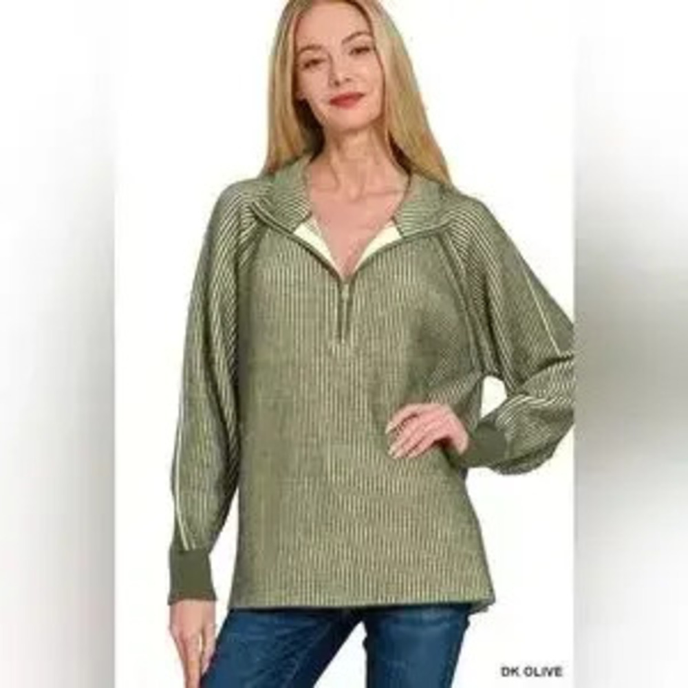 Zenana Ribbed Two Tone Half Zip Sweater - Picture 2 of 4